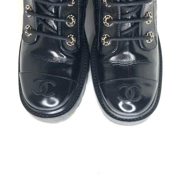 Chanel Brave Shiny Calfskin Quilted CC Chain Cap Toe Platform Short Boots 37 - Picture 7 of 11